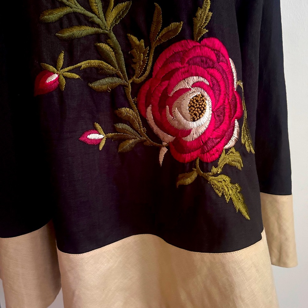 Nine West Linen Trumpet Black Skirt With Embroidered Flower Motif Size 12